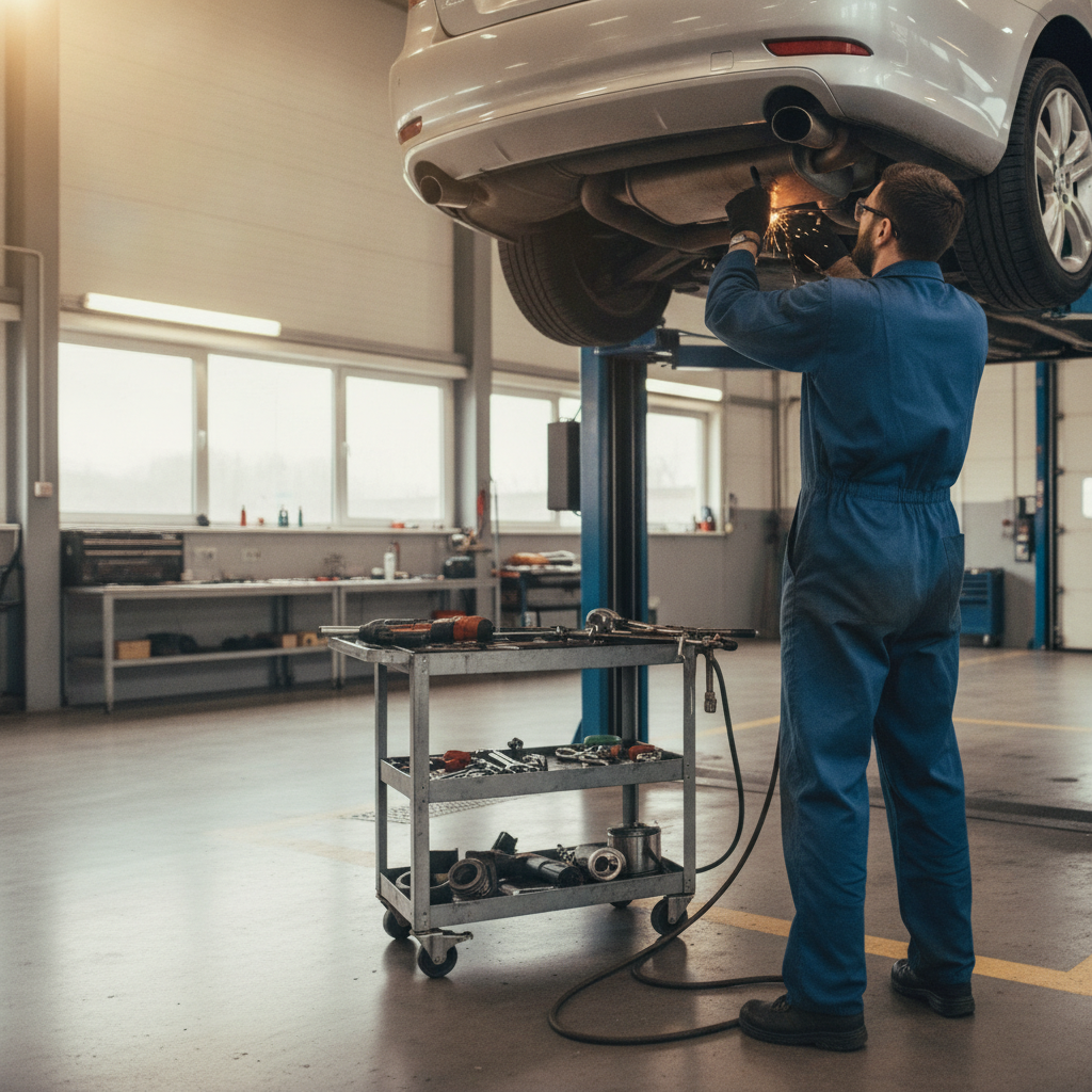 Mechanic performing exhaust and undercarriage work on a vehicle in a clean auto repair shop